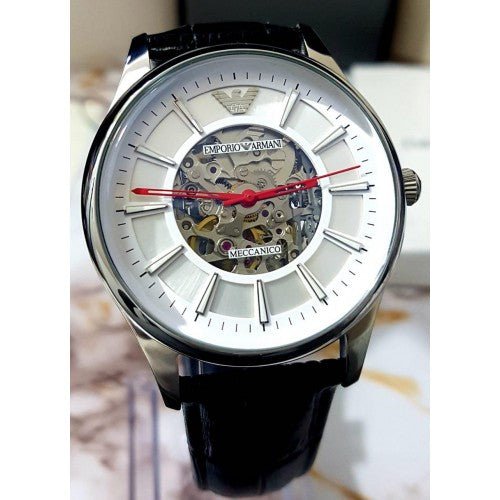  Shop Authentic Emporio Armani Meccanico Silver Skeleton Dial Black Leather Strap Watch For Men - AR2072 - Luxxuri