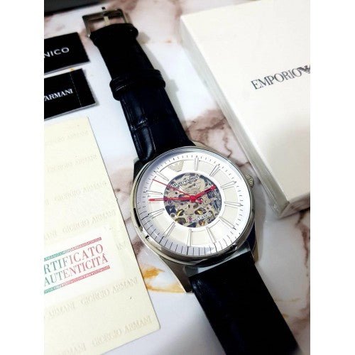  Shop Authentic Emporio Armani Meccanico Silver Skeleton Dial Black Leather Strap Watch For Men - AR2072 - Luxxuri