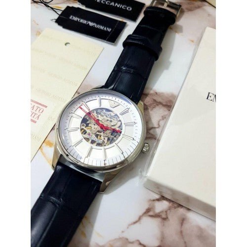  Shop Authentic Emporio Armani Meccanico Silver Skeleton Dial Black Leather Strap Watch For Men - AR2072 - Luxxuri
