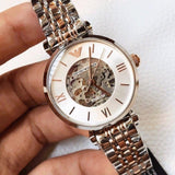  Shop Authentic Emporio Armani Gianni T Bar Silver Skeleton Dial Two Tone Strap Watch For Women - AR1992 - Luxxuri