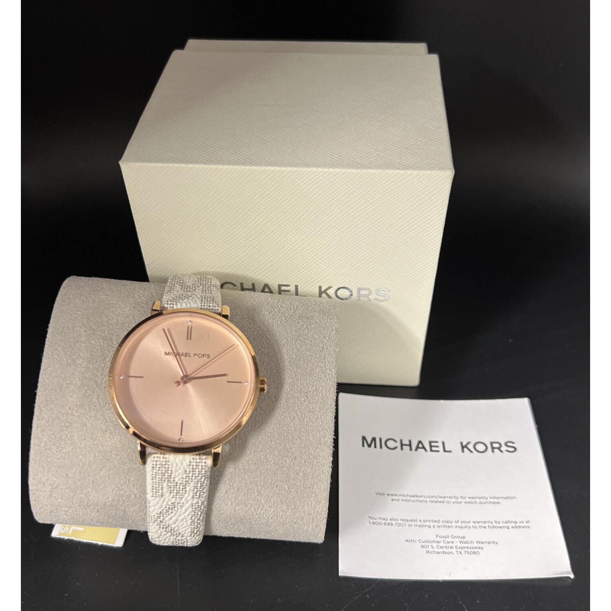  Shop Authentic Michael Kors Jayne Three Hand Rose Gold Dial White Leather Strap Watch For Women - MK7128 - Luxxuri