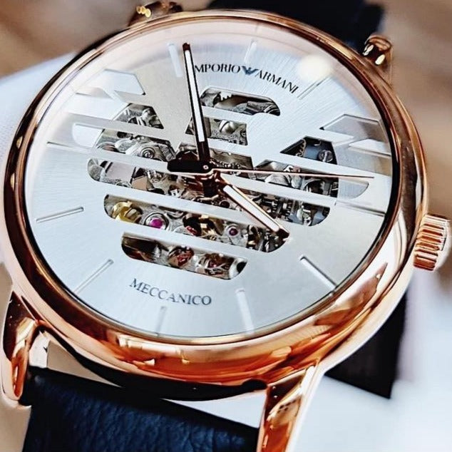  Shop Authentic Emporio Armani Meccanico Skeleton Silver Dial Black Leather Strap Watch For Men - AR60031 - Luxxuri