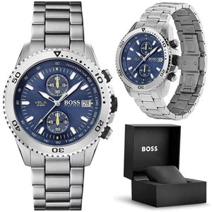  Shop Authentic Hugo Boss Vela Chronograph Diver Blue Dial Silver Steel Strap Watch for Men - 1513775 - Luxxuri