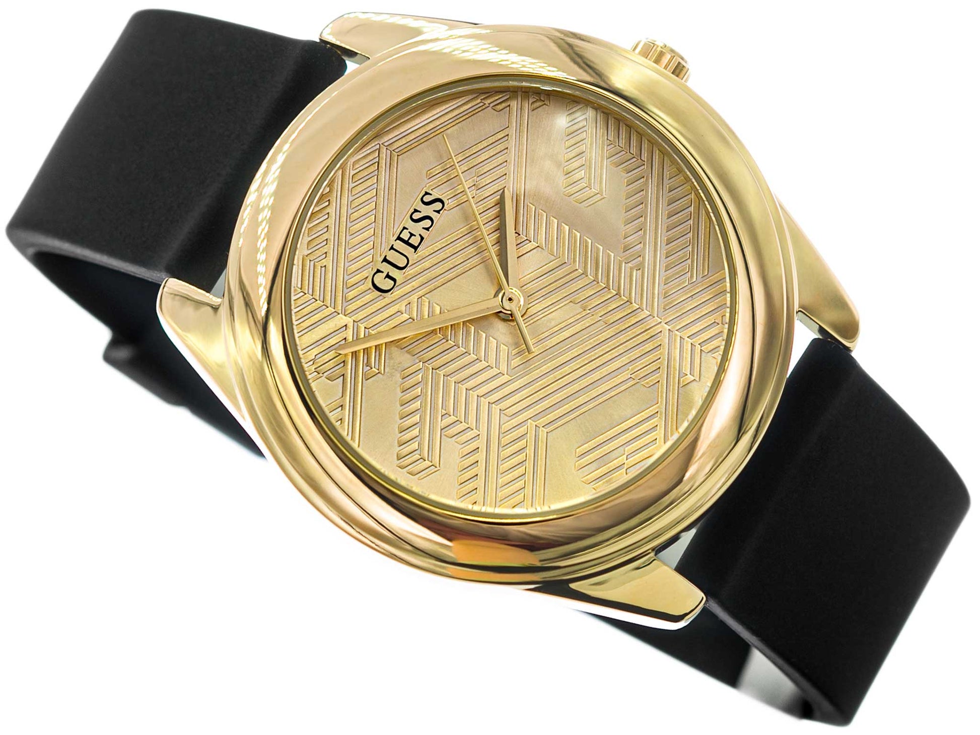  Shop Authentic Guess Cubed Analog Gold Dial Black Silicone Strap Watch For Women - GW0665L1 - Luxxuri