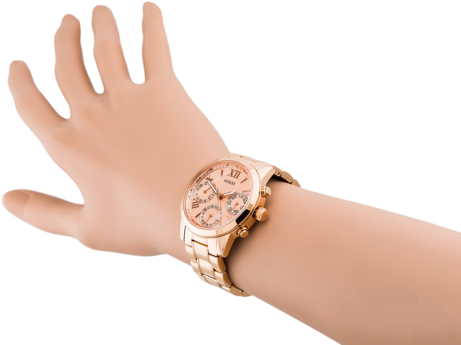  Shop Authentic Guess Mini Sunrise Chronograph Quartz Rose Gold Dial Rose Gold Steel Strap Watch For Women - W0448L3 - Luxxuri