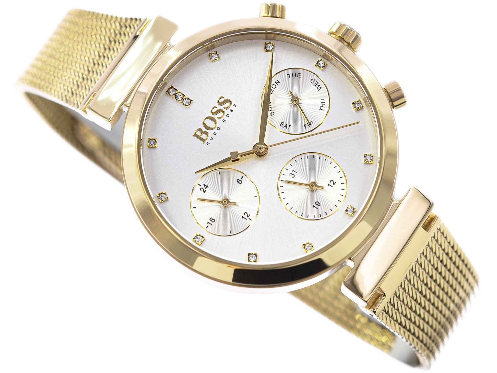  Shop Authentic Hugo Boss Flawless White Dial Gold Mesh Bracelet Watch for Women - 1502552 - Luxxuri