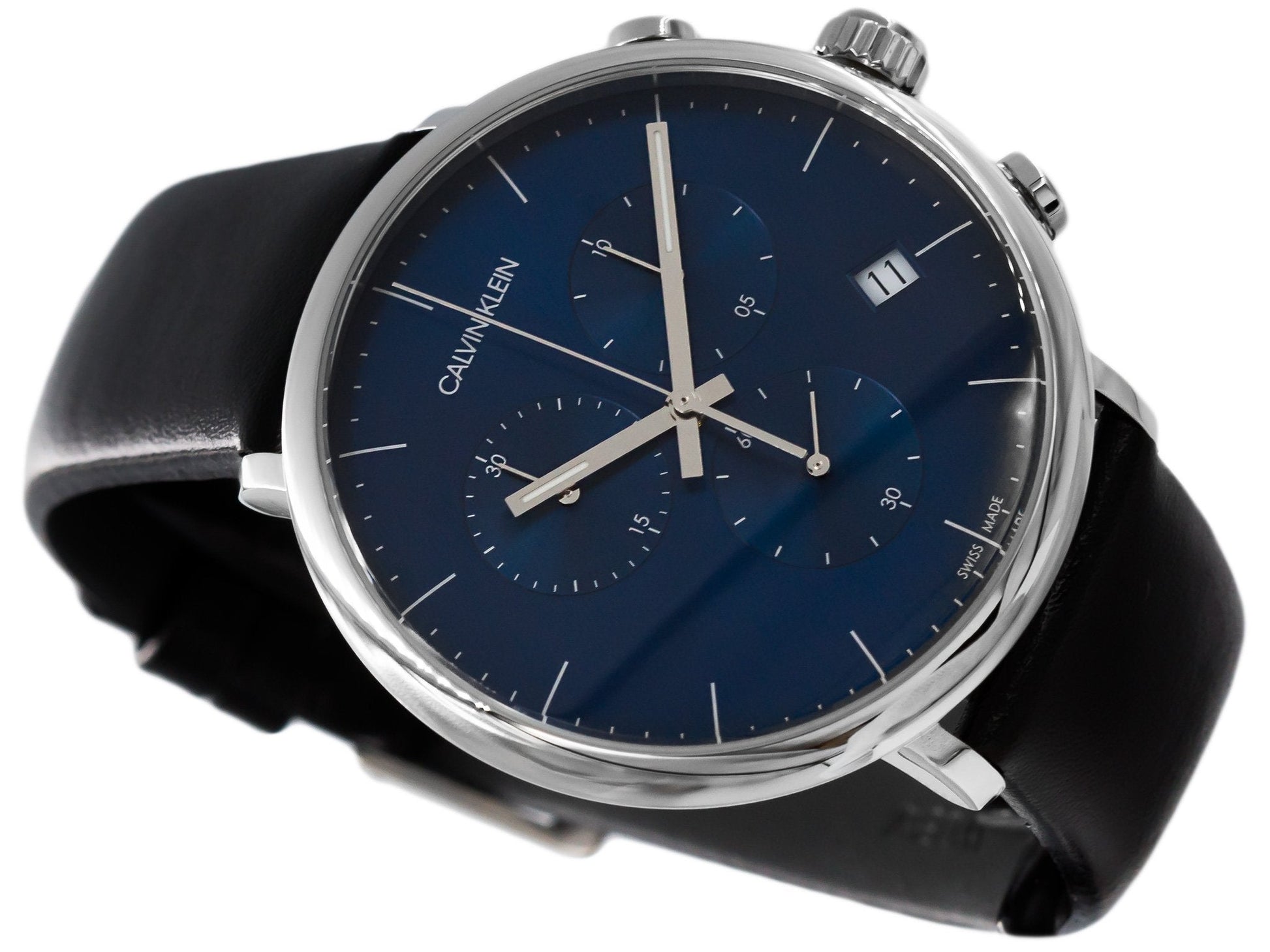  Shop Authentic Calvin Klein High Noon Chronograph Blue Dial Black Leather Strap Watch for Men - K8M271CN - Luxxuri