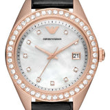  Shop Authentic Emporio Armani Cleo Three-Hand Mother of Pearl Dial Black Leather Strap Watch For Women - AR11485 - Luxxuri