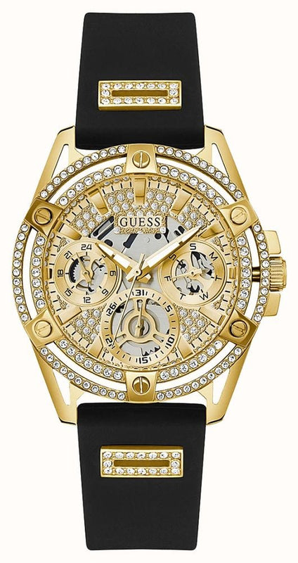  Shop Authentic Guess Queen Quartz Gold Dial Black Silicone Strap Watch For Women - GW0536L3 - Luxxuri
