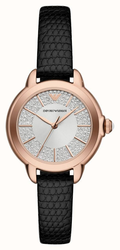  Shop Authentic Emporio Armani Mia Three Hand Crystals Silver Dial Black Leather Strap Watch For Women - AR11631 - Luxxuri