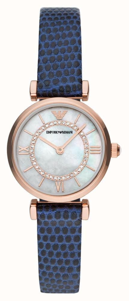  Shop Authentic Emporio Armani Gianni T-Bar Analog Mother of Pearl Dial Blue Leather Strap Watch For Women - AR11468 - Luxxuri