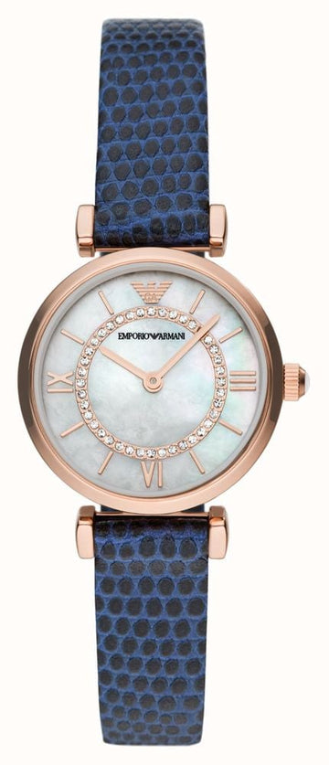  Shop Authentic Emporio Armani Gianni T-Bar Analog Mother of Pearl Dial Blue Leather Strap Watch For Women - AR11468 - Luxxuri