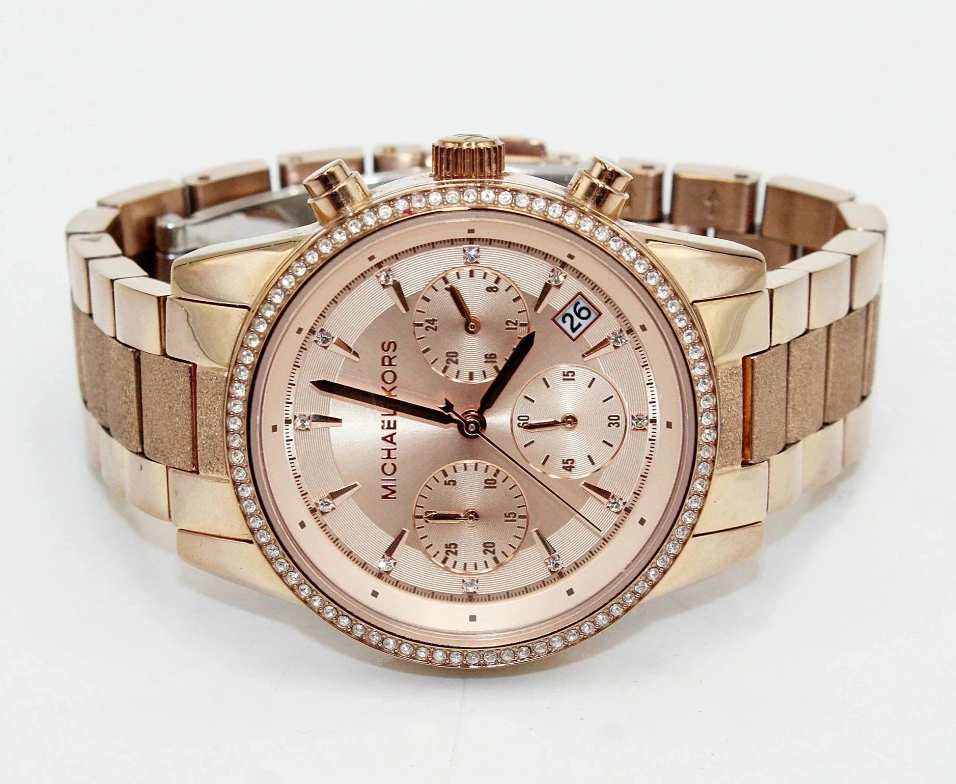  Shop Authentic Michael Kors Ritz Chronograph Rose Gold Dial Rose Gold Steel Strap Watch For Women - MK6598 - Luxxuri