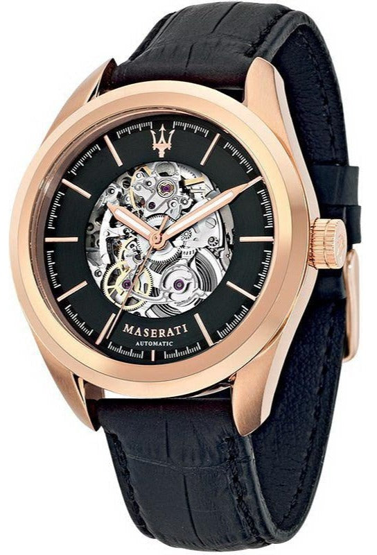  Shop Authentic Maserati Traguardo Automatic Black Skeleton Dial Black Leather Strap Watch For Men - R8821112001 - Luxxuri