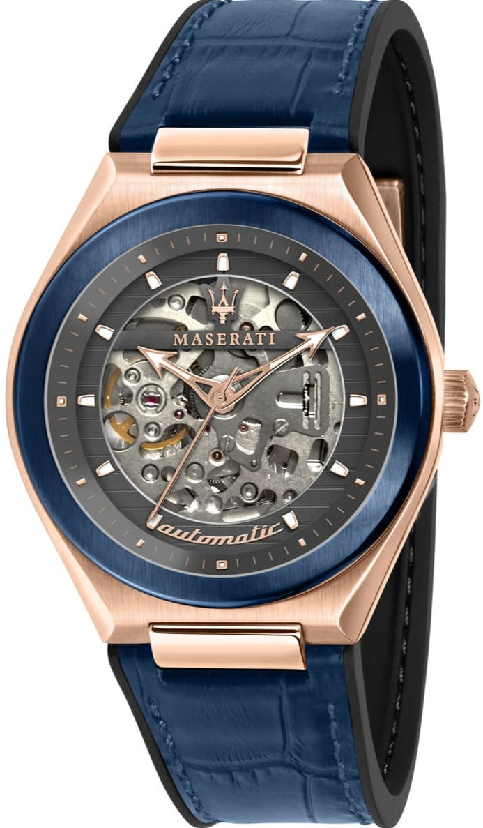  Shop Authentic Maserati Triconic Skeleton Black Dial Blue Leather Strap Watch For Men - R8821139001 - Luxxuri