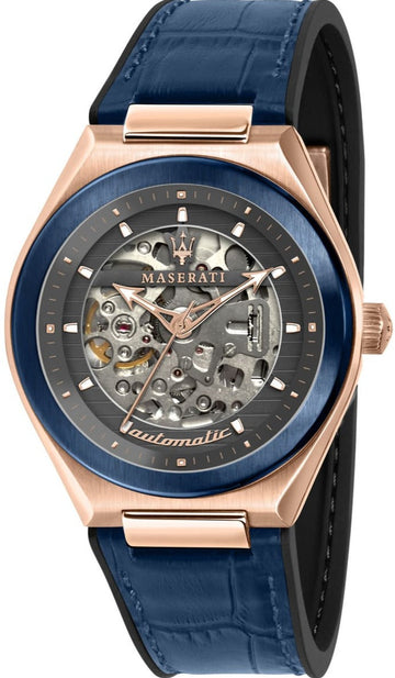  Shop Authentic Maserati Triconic Skeleton Black Dial Blue Leather Strap Watch For Men - R8821139001 - Luxxuri