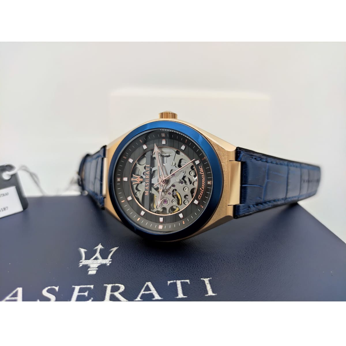  Shop Authentic Maserati Triconic Skeleton Black Dial Blue Leather Strap Watch For Men - R8821139001 - Luxxuri