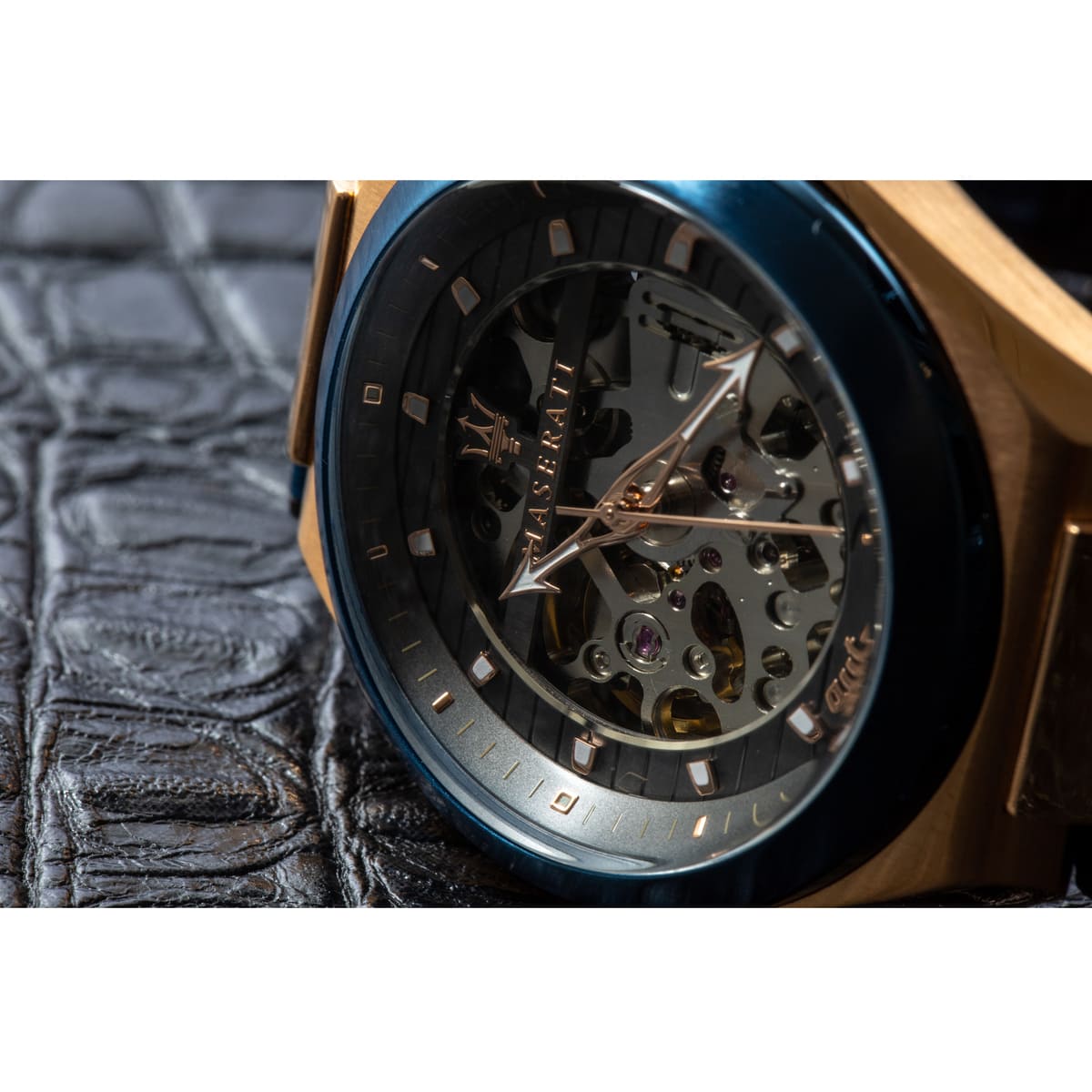  Shop Authentic Maserati Triconic Skeleton Black Dial Blue Leather Strap Watch For Men - R8821139001 - Luxxuri