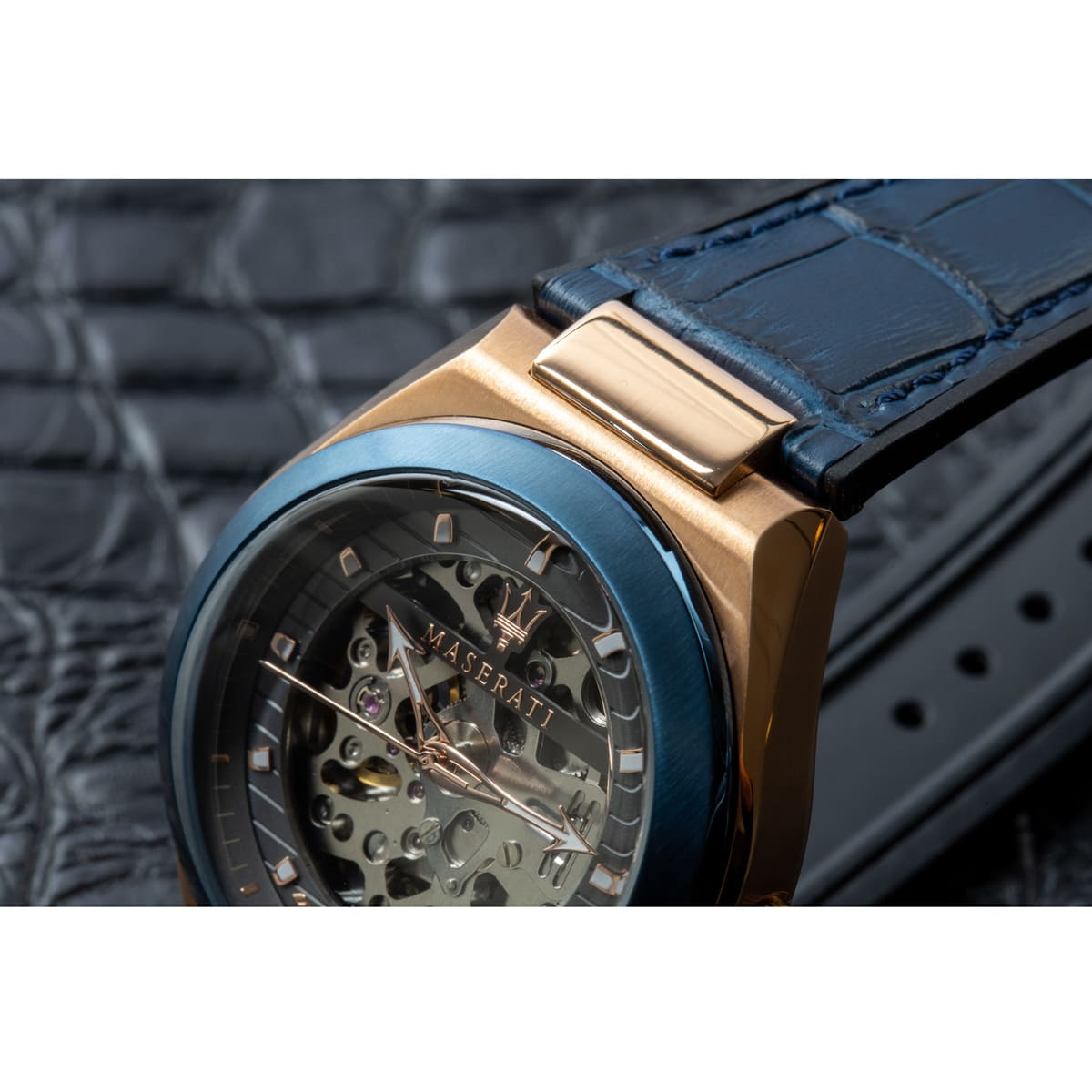  Shop Authentic Maserati Triconic Skeleton Black Dial Blue Leather Strap Watch For Men - R8821139001 - Luxxuri