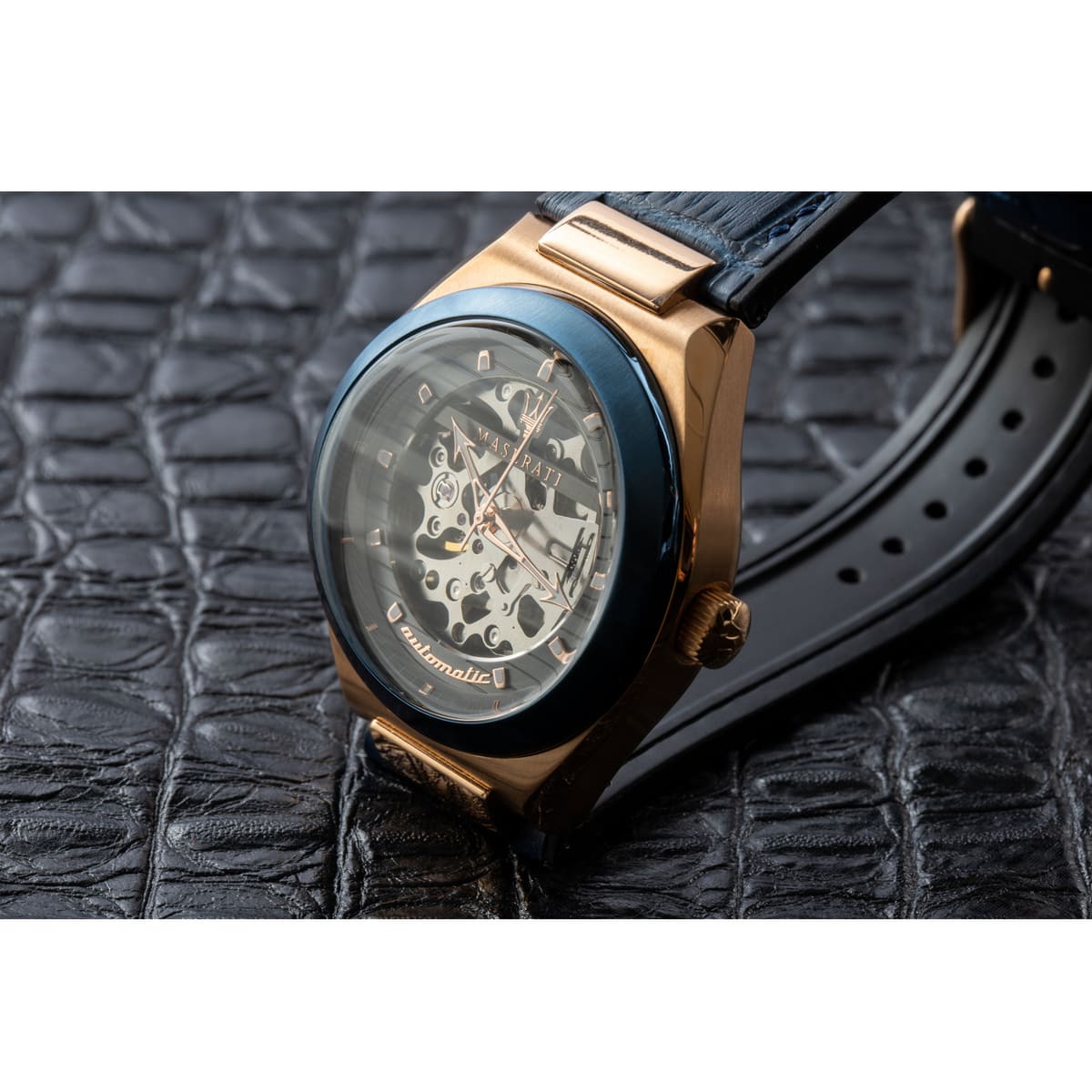  Shop Authentic Maserati Triconic Skeleton Black Dial Blue Leather Strap Watch For Men - R8821139001 - Luxxuri