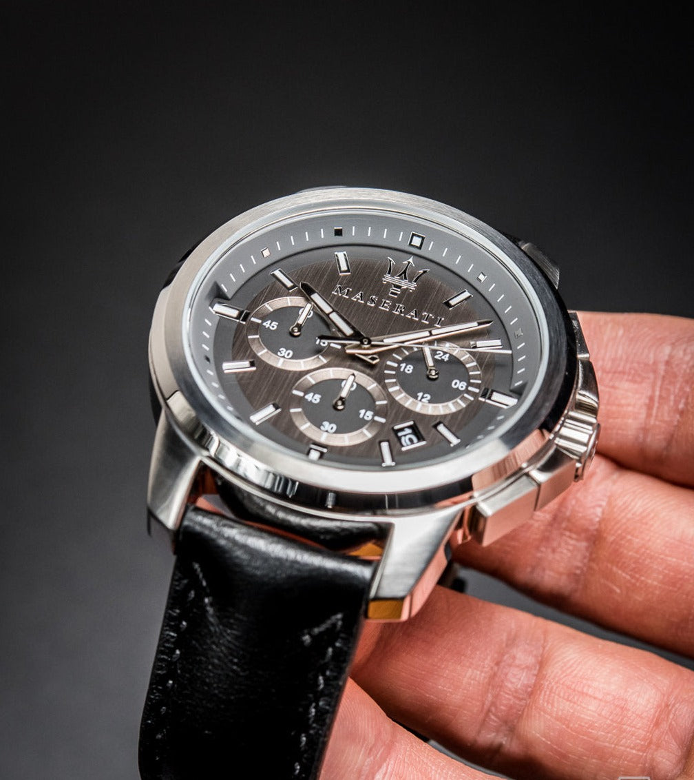  Shop Authentic Maserati Successo 44mm Grey Dial Black Leather Strap Watch For Men - R8871621006 - Luxxuri