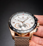  Shop Authentic Maserati Traguardo 45mm Chronograph Rose Gold Mesh Strap White Dial Watch For Men - R8873612011 - Luxxuri