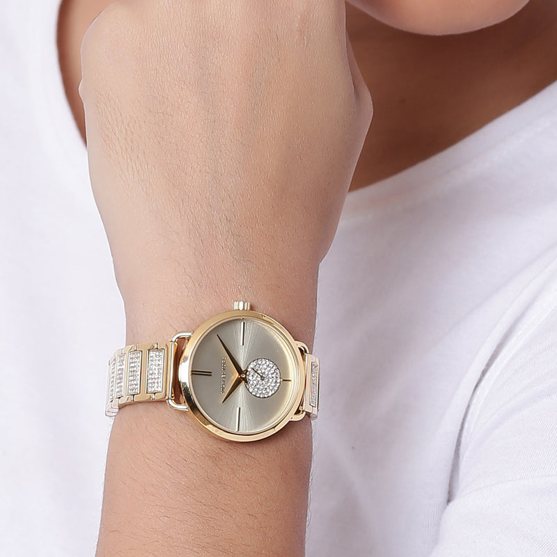  Shop Authentic Michael Kors Portia Three-Hand Crystals Gold Dial Gold Steel Strap Watch for Women - MK4602 - Luxxuri