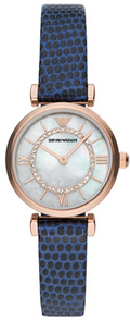  Shop Authentic Emporio Armani Gianni T-Bar Analog Mother of Pearl Dial Blue Leather Strap Watch For Women - AR11468 - Luxxuri