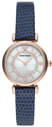  Shop Authentic Emporio Armani Gianni T-Bar Analog Mother of Pearl Dial Blue Leather Strap Watch For Women - AR11468 - Luxxuri