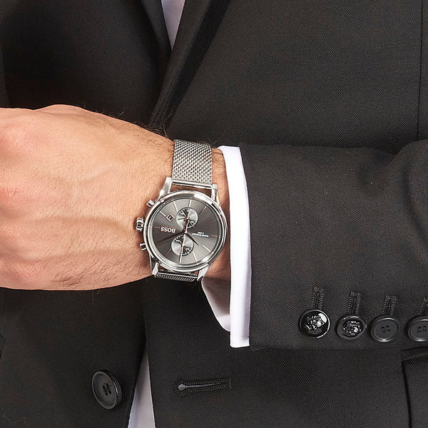  Shop Authentic Hugo Boss Jet Chronograph Grey Dial Silver Mesh Bracelet Watch for Men - 1513440 - Luxxuri