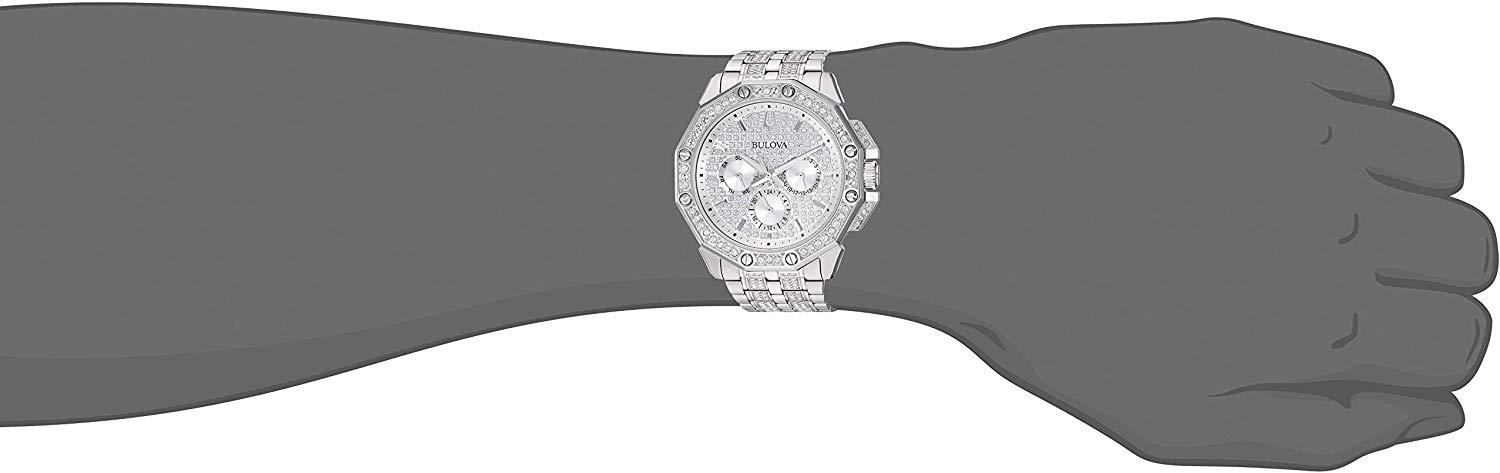 Bulova Crystal Collection Pave Silver Dial with Crystals Silver Steel Strap Watch for Men - 96C134