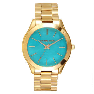  Shop Authentic Michael Kors Slim Runway Blue Mother of Pearl Dial Gold Steel Strap Watch for Women - MK3492 - Luxxuri