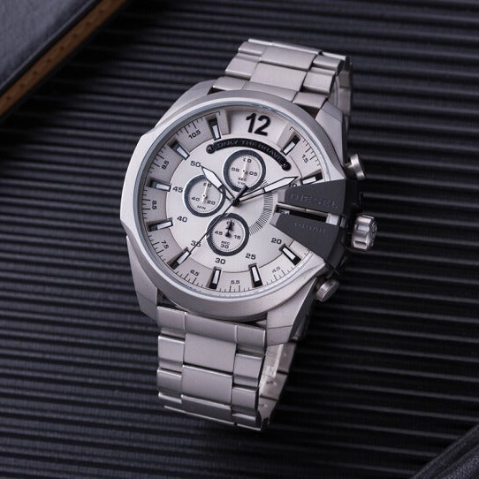  Shop Authentic Diesel Mega Chief Chronograph Silver Dial Silver Steel Strap Watch For Men - DZ4501 - Luxxuri