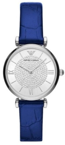  Shop Authentic Emporio Armani Gianni T Bar Quartz Crystals Silver Dial Blue Leather Strap Watch For Women - AR11344 - Luxxuri