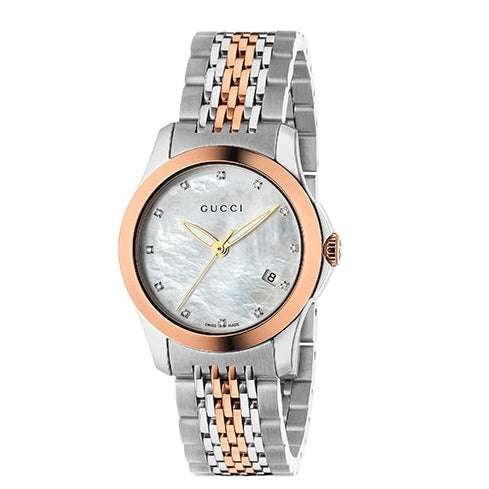  Shop Authentic Gucci G Timeless Diamonds Mother of Pearl Dial Two Tone Mesh Bracelet Watch For Women - YA126514 - Luxxuri