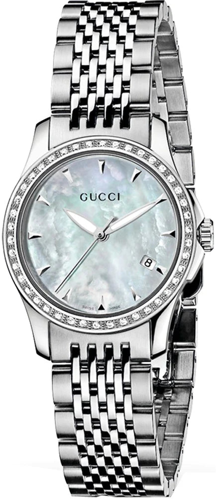  Shop Authentic Gucci G Timeless Diamonds Mother of Pearl Dial Silver Steel Strap Watch For Women - YA126506 - Luxxuri