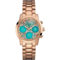  Shop Authentic Guess Mini Sunrise Multi Function Analog Turquoise Dial Rose Gold Steel Strap Watch For Women - W0448L8 - Luxxuri