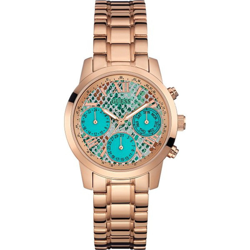  Shop Authentic Guess Mini Sunrise Multi Function Analog Turquoise Dial Rose Gold Steel Strap Watch For Women - W0448L8 - Luxxuri