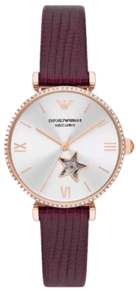  Shop Authentic Emporio Armani Meccanico Automatic Silver Dial Burgundy Leather Strap Watch For Women - AR60044 - Luxxuri