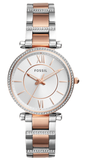  Shop Authentic Fossil Carlie Silver Dial Two Tone Steel Strap Watch for Women - ES4342 - Luxxuri