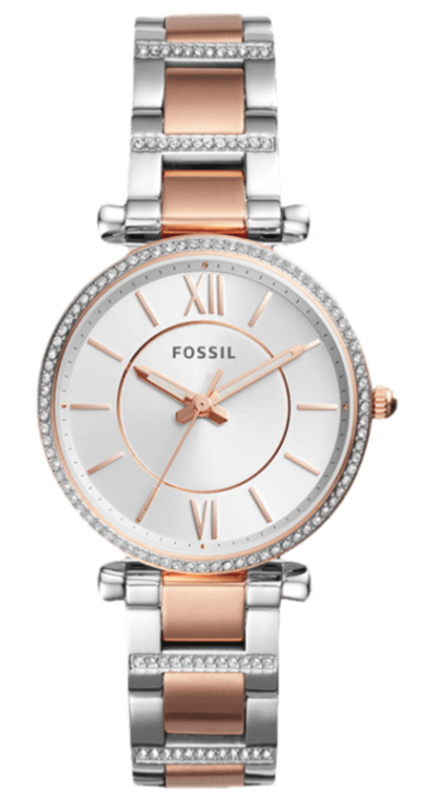  Shop Authentic Fossil Carlie Silver Dial Two Tone Steel Strap Watch for Women - ES4342 - Luxxuri