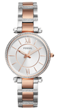  Shop Authentic Fossil Carlie Silver Dial Two Tone Steel Strap Watch for Women - ES4342 - Luxxuri