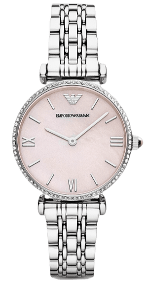  Shop Authentic Emporio Armani Gianni T Bar Pink Mother of Pearl Dial Silver Steel Strap Watch For Women - AR1779 - Luxxuri