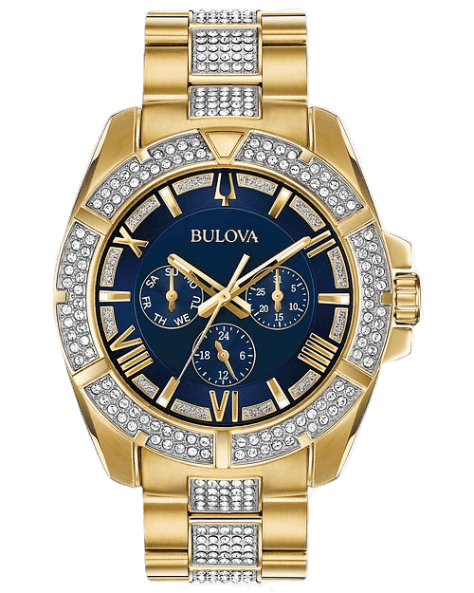  Shop Authentic Bulova Crystal Collection Blue Dial Gold Steel Strap Watch for Men - 98C128 - Luxxuri