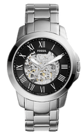 Fossil Grant Automatic Skeleton Black Dial Silver Steel Strap Watch for Men - ME3103