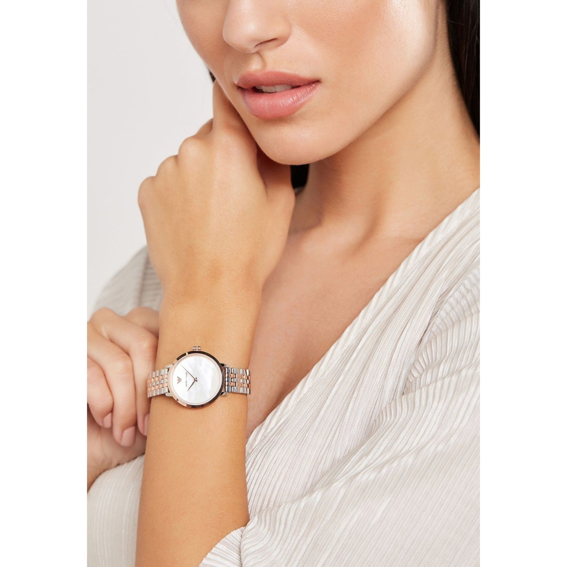  Shop Authentic Emporio Armani Modern Slim Analog Mother of Pearl Dial Two Tone Steel Strap Watch For Women - AR11157 - Luxxuri