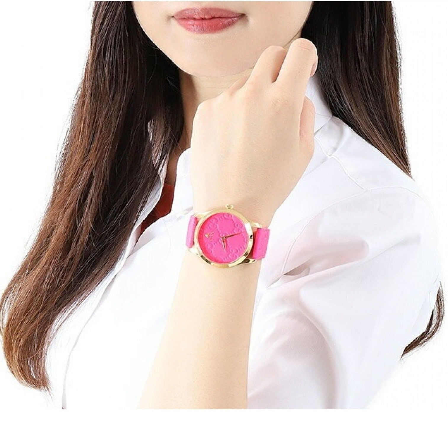  Shop Authentic Gucci G Timeless Quartz Pink Dial Pink Leather Strap Watch For Women - YA1264115 - Luxxuri