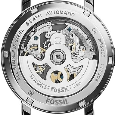  Shop Authentic Fossil Boyfriend Automatic Skeleton Silver Dial White Leather Strap Watch for Women - ME3069 - Luxxuri