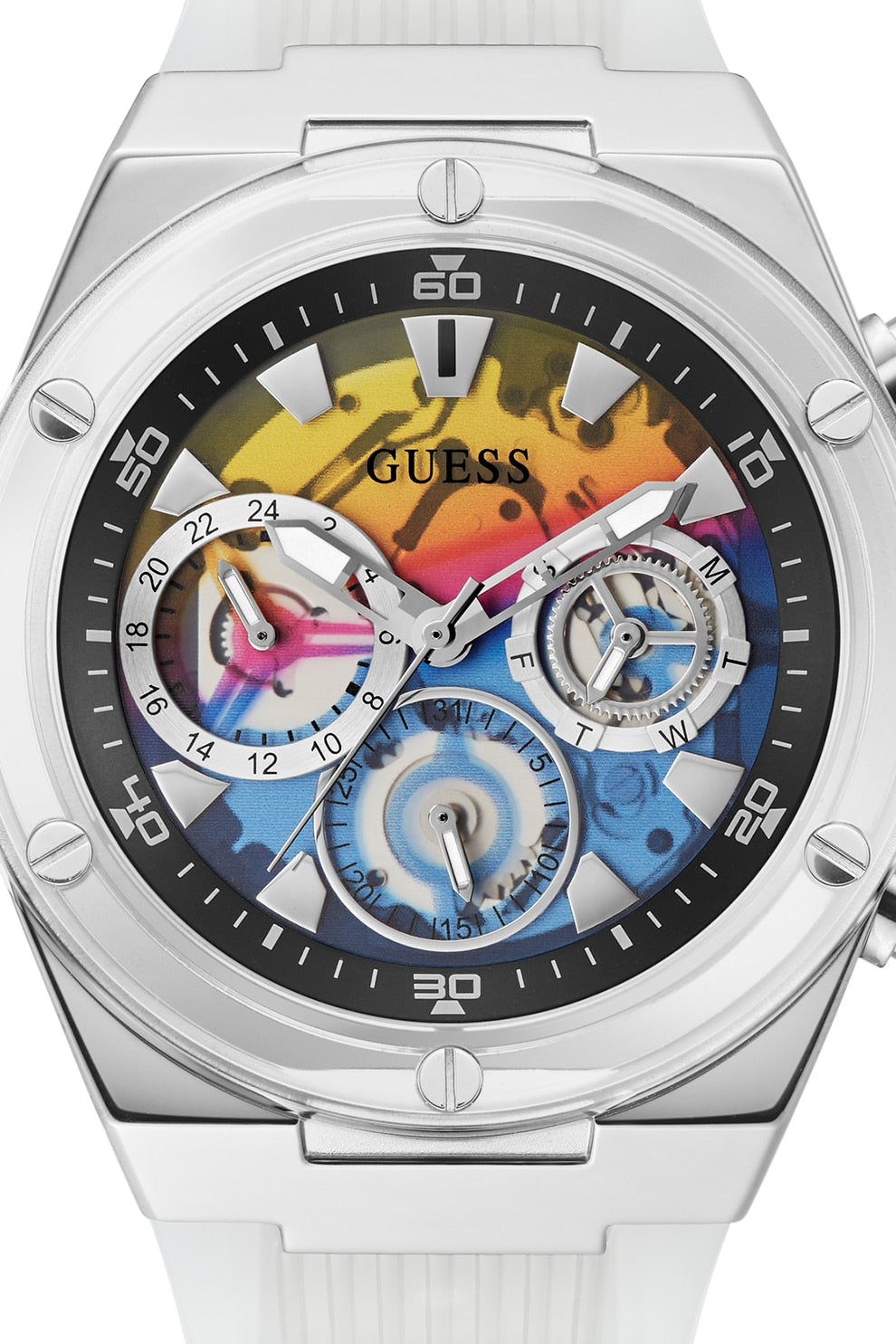  Shop Authentic Guess Poseidon Chronograph Rainbow Dial White Silicone Strap Watch For Men - GW0425G4 - Luxxuri