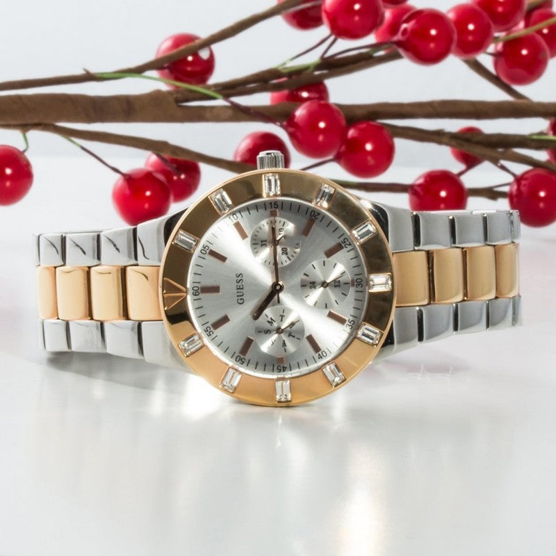  Shop Authentic Guess Glisten Chronograph Analog Silver Dial Two Tone Steel Strap Watch For Women - W14551L1 - Luxxuri